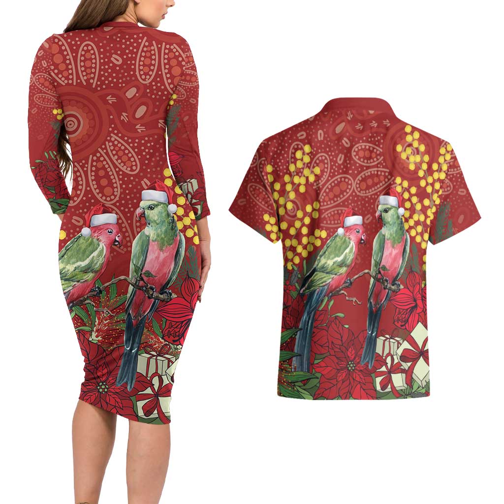 Merry Chrissie Australia King Parrots Couples Matching Long Sleeve Bodycon Dress and Hawaiian Shirt Aboriginal Art - Aussie Hoodie