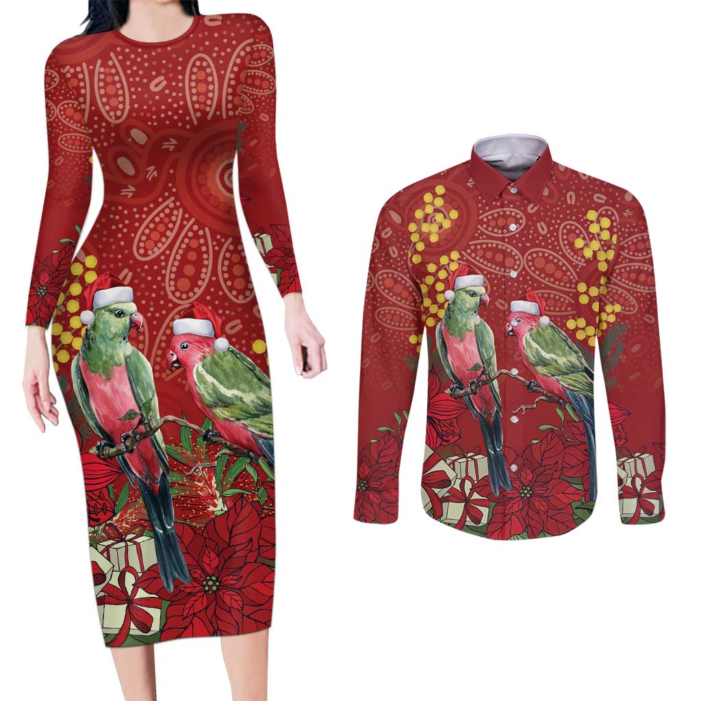 Merry Chrissie Australia King Parrots Couples Matching Long Sleeve Bodycon Dress and Long Sleeve Button Shirt Aboriginal Art - Aussie Hoodie