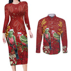 Merry Chrissie Australia King Parrots Couples Matching Long Sleeve Bodycon Dress and Long Sleeve Button Shirt Aboriginal Art - Aussie Hoodie