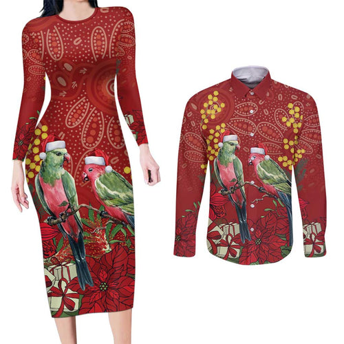 Merry Chrissie Australia King Parrots Couples Matching Long Sleeve Bodycon Dress and Long Sleeve Button Shirt Aboriginal Art - Aussie Hoodie