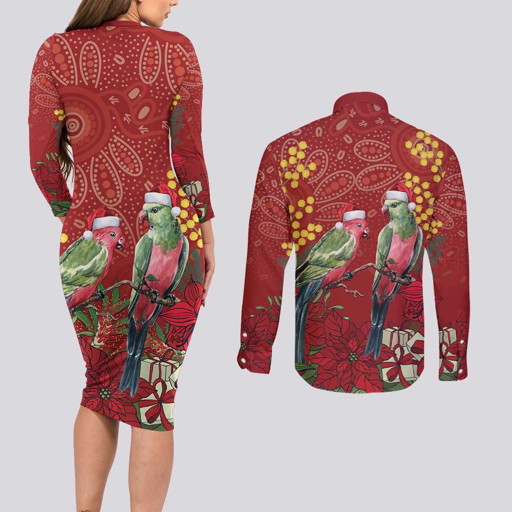 Merry Chrissie Australia King Parrots Couples Matching Long Sleeve Bodycon Dress and Long Sleeve Button Shirt Aboriginal Art - Aussie Hoodie