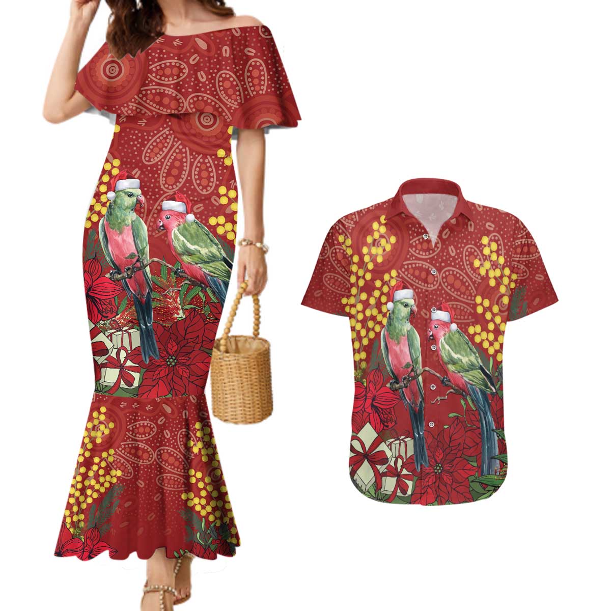 Merry Chrissie Australia King Parrots Couples Matching Mermaid Dress and Hawaiian Shirt Aboriginal Art - Aussie Hoodie