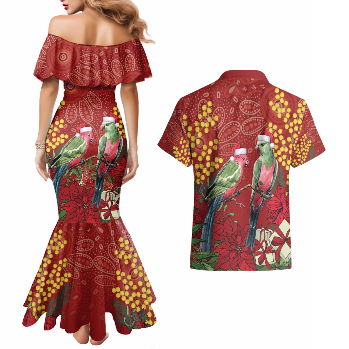 Merry Chrissie Australia King Parrots Couples Matching Mermaid Dress and Hawaiian Shirt Aboriginal Art - Aussie Hoodie