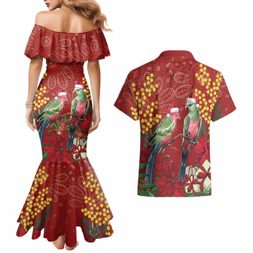 Merry Chrissie Australia King Parrots Couples Matching Mermaid Dress and Hawaiian Shirt Aboriginal Art - Aussie Hoodie