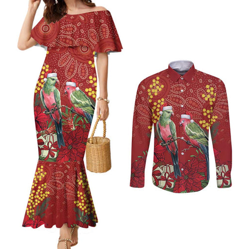 Merry Chrissie Australia King Parrots Couples Matching Mermaid Dress and Long Sleeve Button Shirt Aboriginal Art - Aussie Hoodie