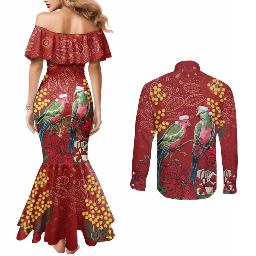 Merry Chrissie Australia King Parrots Couples Matching Mermaid Dress and Long Sleeve Button Shirt Aboriginal Art - Aussie Hoodie