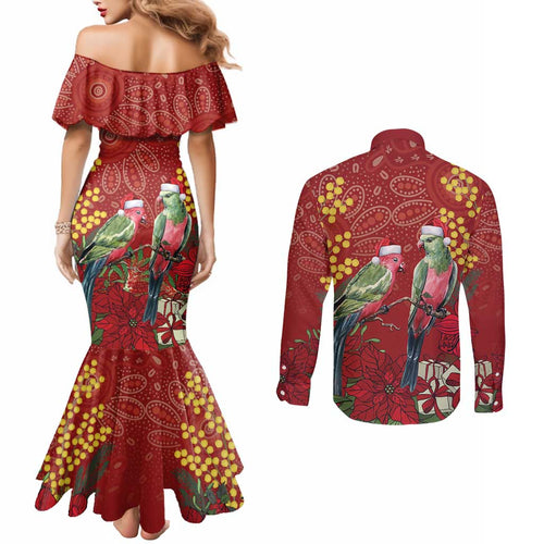 Merry Chrissie Australia King Parrots Couples Matching Mermaid Dress and Long Sleeve Button Shirt Aboriginal Art - Aussie Hoodie