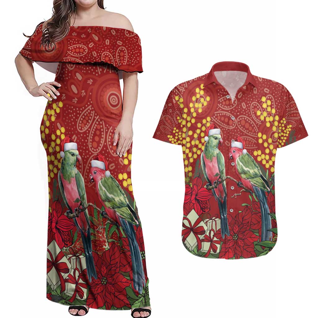 Merry Chrissie Australia King Parrots Couples Matching Off Shoulder Maxi Dress and Hawaiian Shirt Aboriginal Art - Aussie Hoodie