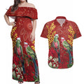 Merry Chrissie Australia King Parrots Couples Matching Off Shoulder Maxi Dress and Hawaiian Shirt Aboriginal Art - Aussie Hoodie
