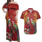 Merry Chrissie Australia King Parrots Couples Matching Off Shoulder Maxi Dress and Hawaiian Shirt Aboriginal Art - Aussie Hoodie