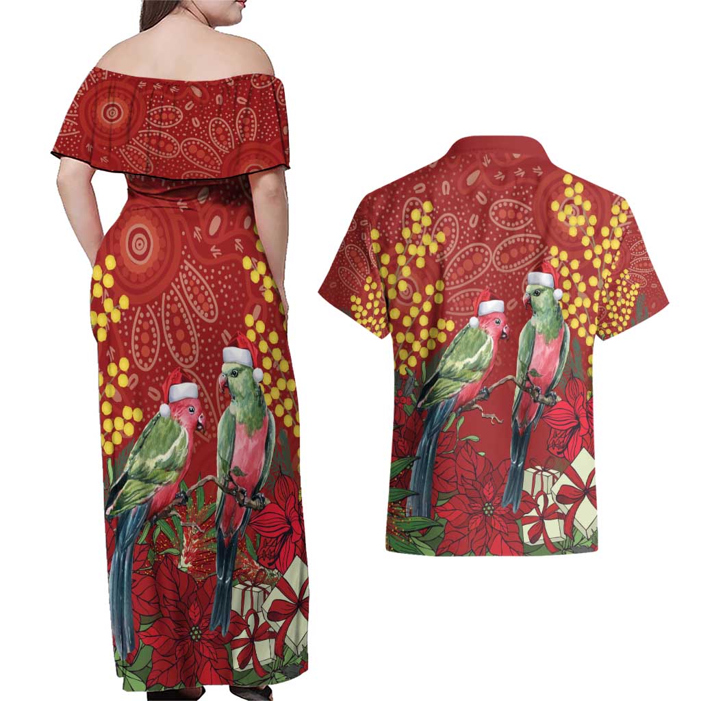 Merry Chrissie Australia King Parrots Couples Matching Off Shoulder Maxi Dress and Hawaiian Shirt Aboriginal Art - Aussie Hoodie
