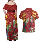 Merry Chrissie Australia King Parrots Couples Matching Off Shoulder Maxi Dress and Hawaiian Shirt Aboriginal Art - Aussie Hoodie