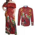 Merry Chrissie Australia King Parrots Couples Matching Off Shoulder Maxi Dress and Long Sleeve Button Shirt Aboriginal Art - Aussie Hoodie