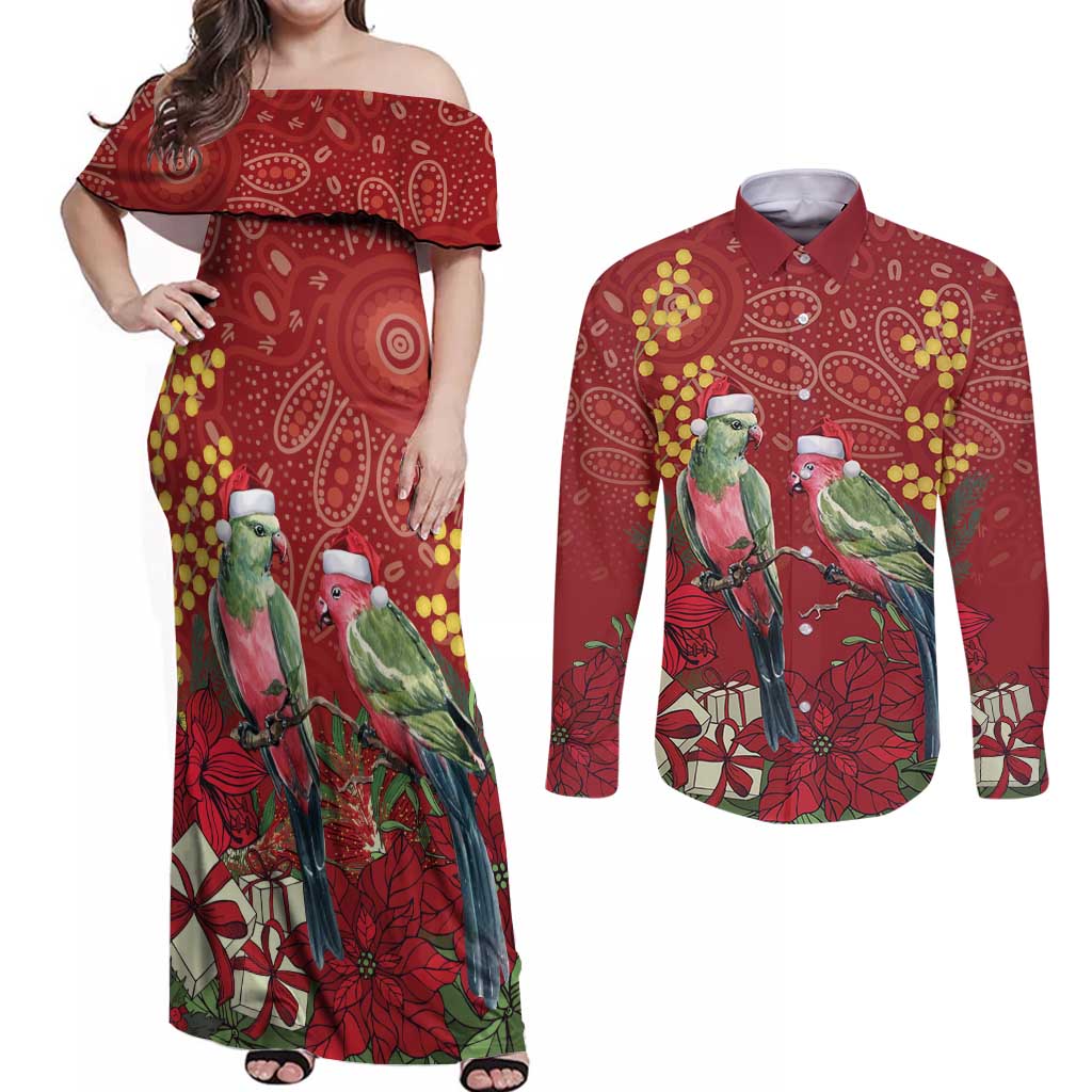 Merry Chrissie Australia King Parrots Couples Matching Off Shoulder Maxi Dress and Long Sleeve Button Shirt Aboriginal Art - Aussie Hoodie