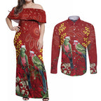 Merry Chrissie Australia King Parrots Couples Matching Off Shoulder Maxi Dress and Long Sleeve Button Shirt Aboriginal Art - Aussie Hoodie