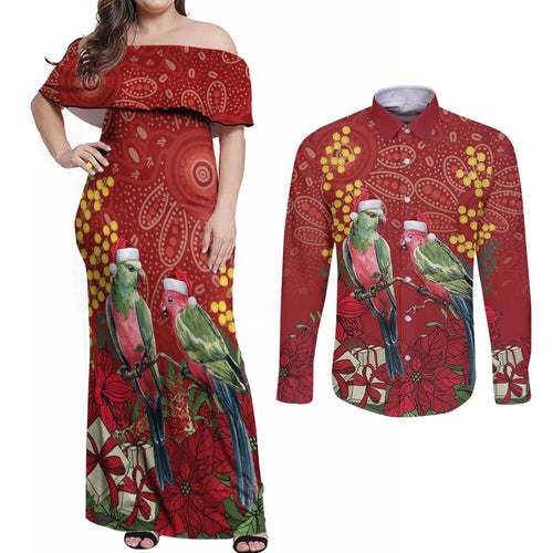 Merry Chrissie Australia King Parrots Couples Matching Off Shoulder Maxi Dress and Long Sleeve Button Shirt Aboriginal Art - Aussie Hoodie