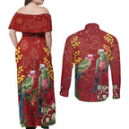Merry Chrissie Australia King Parrots Couples Matching Off Shoulder Maxi Dress and Long Sleeve Button Shirt Aboriginal Art - Aussie Hoodie