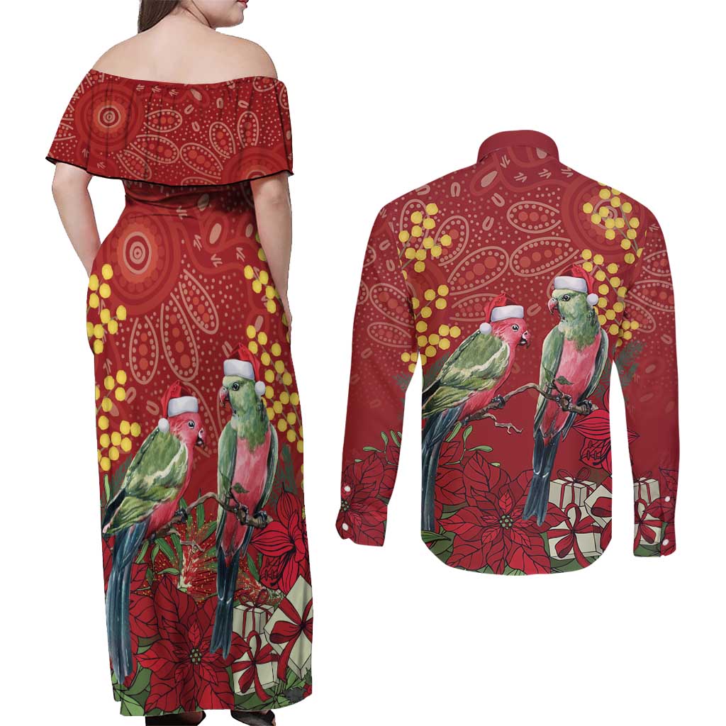Merry Chrissie Australia King Parrots Couples Matching Off Shoulder Maxi Dress and Long Sleeve Button Shirt Aboriginal Art - Aussie Hoodie