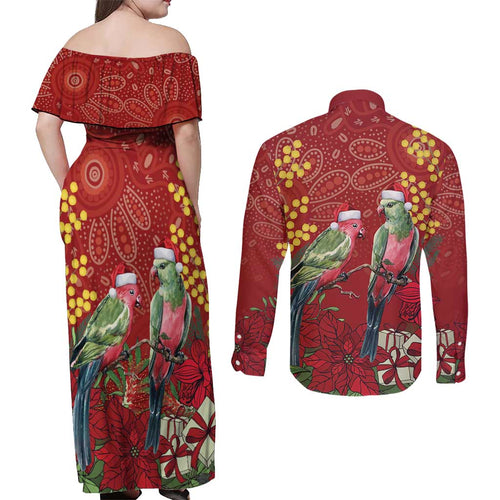 Merry Chrissie Australia King Parrots Couples Matching Off Shoulder Maxi Dress and Long Sleeve Button Shirt Aboriginal Art - Aussie Hoodie