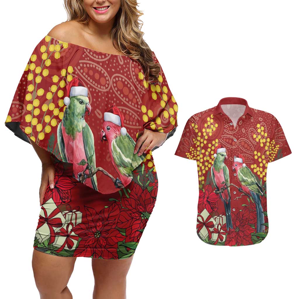 Merry Chrissie Australia King Parrots Couples Matching Off Shoulder Short Dress and Hawaiian Shirt Aboriginal Art - Aussie Hoodie