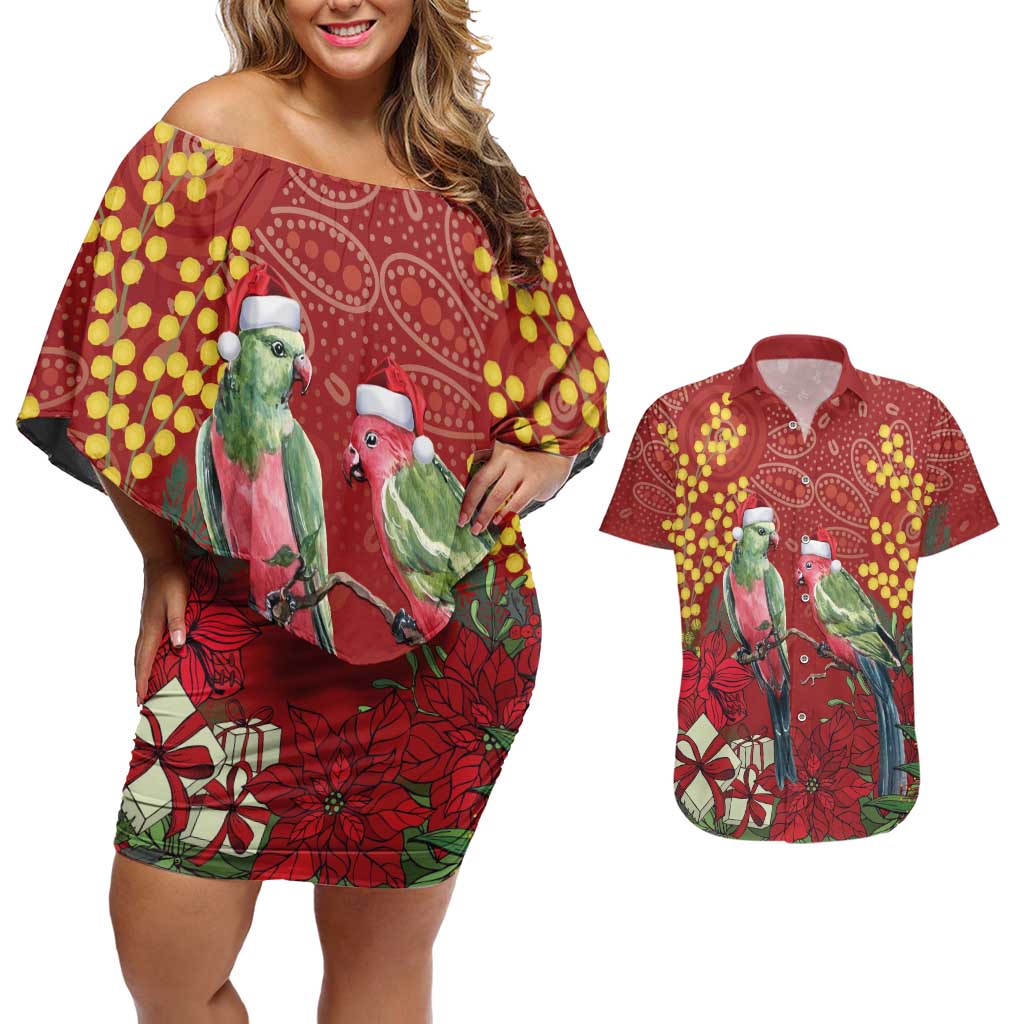 Merry Chrissie Australia King Parrots Couples Matching Off Shoulder Short Dress and Hawaiian Shirt Aboriginal Art - Aussie Hoodie