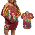 Merry Chrissie Australia King Parrots Couples Matching Off Shoulder Short Dress and Hawaiian Shirt Aboriginal Art - Aussie Hoodie