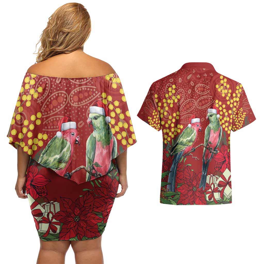 Merry Chrissie Australia King Parrots Couples Matching Off Shoulder Short Dress and Hawaiian Shirt Aboriginal Art - Aussie Hoodie