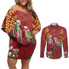 Merry Chrissie Australia King Parrots Couples Matching Off Shoulder Short Dress and Long Sleeve Button Shirt Aboriginal Art - Aussie Hoodie