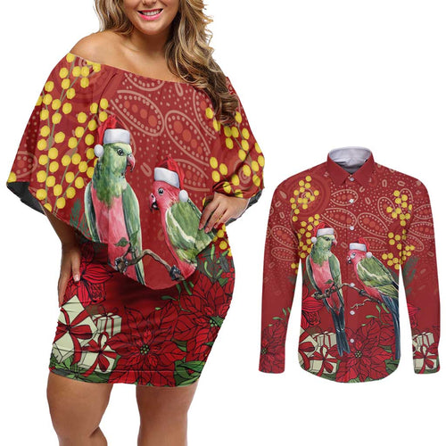 Merry Chrissie Australia King Parrots Couples Matching Off Shoulder Short Dress and Long Sleeve Button Shirt Aboriginal Art - Aussie Hoodie