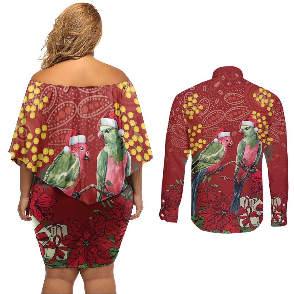 Merry Chrissie Australia King Parrots Couples Matching Off Shoulder Short Dress and Long Sleeve Button Shirt Aboriginal Art - Aussie Hoodie