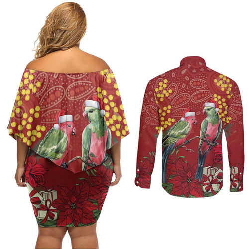 Merry Chrissie Australia King Parrots Couples Matching Off Shoulder Short Dress and Long Sleeve Button Shirt Aboriginal Art - Aussie Hoodie