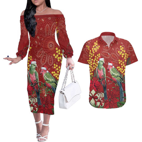 Merry Chrissie Australia King Parrots Couples Matching Off The Shoulder Long Sleeve Dress and Hawaiian Shirt Aboriginal Art - Aussie Hoodie
