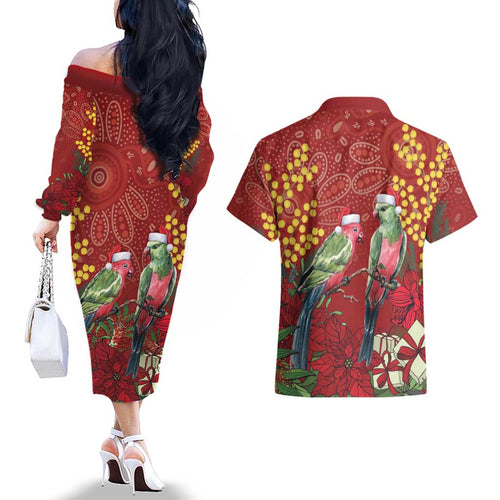 Merry Chrissie Australia King Parrots Couples Matching Off The Shoulder Long Sleeve Dress and Hawaiian Shirt Aboriginal Art - Aussie Hoodie