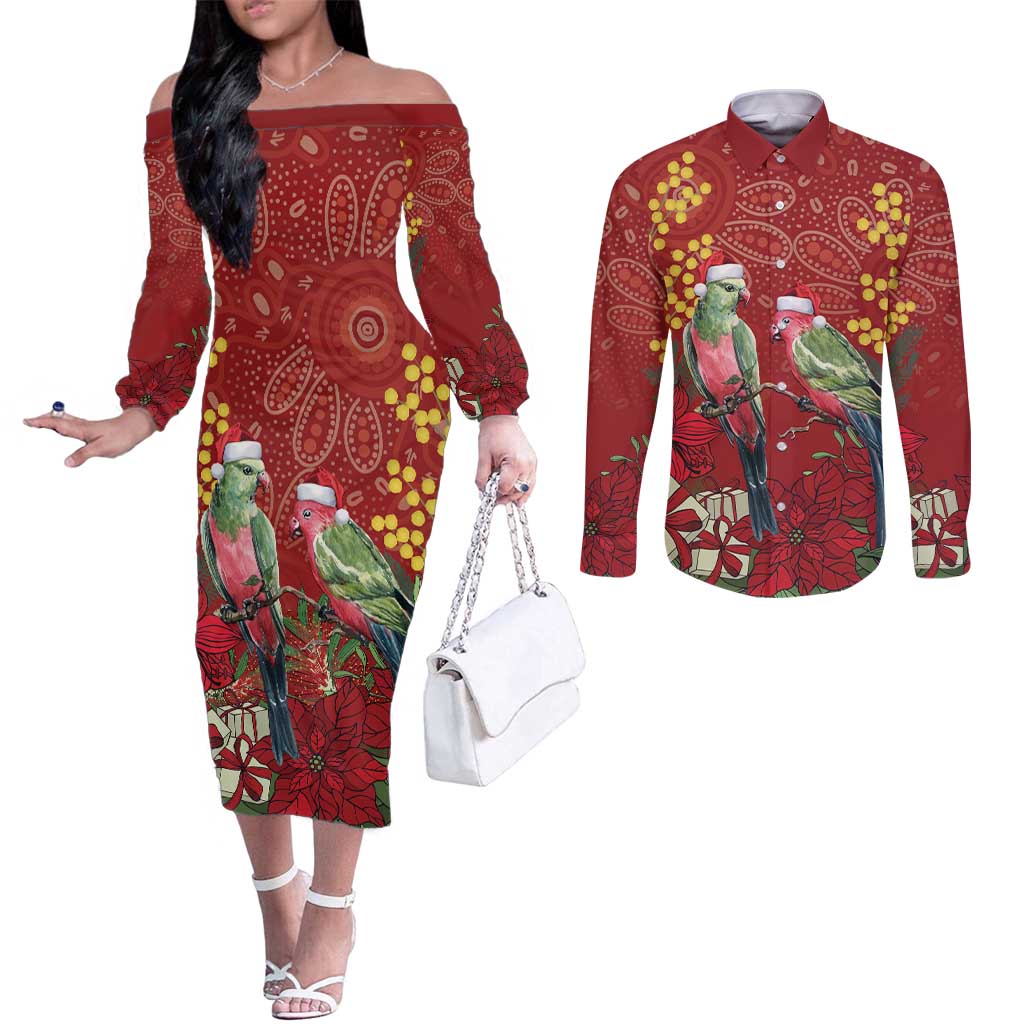 Merry Chrissie Australia King Parrots Couples Matching Off The Shoulder Long Sleeve Dress and Long Sleeve Button Shirt Aboriginal Art - Aussie Hoodie