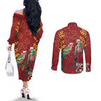 Merry Chrissie Australia King Parrots Couples Matching Off The Shoulder Long Sleeve Dress and Long Sleeve Button Shirt Aboriginal Art - Aussie Hoodie
