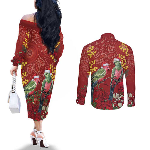 Merry Chrissie Australia King Parrots Couples Matching Off The Shoulder Long Sleeve Dress and Long Sleeve Button Shirt Aboriginal Art - Aussie Hoodie