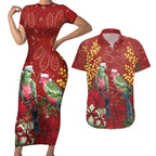 Merry Chrissie Australia King Parrots Couples Matching Short Sleeve Bodycon Dress and Hawaiian Shirt Aboriginal Art - Aussie Hoodie