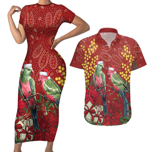 Merry Chrissie Australia King Parrots Couples Matching Short Sleeve Bodycon Dress and Hawaiian Shirt Aboriginal Art - Aussie Hoodie