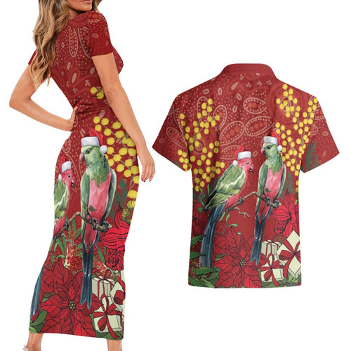 Merry Chrissie Australia King Parrots Couples Matching Short Sleeve Bodycon Dress and Hawaiian Shirt Aboriginal Art - Aussie Hoodie