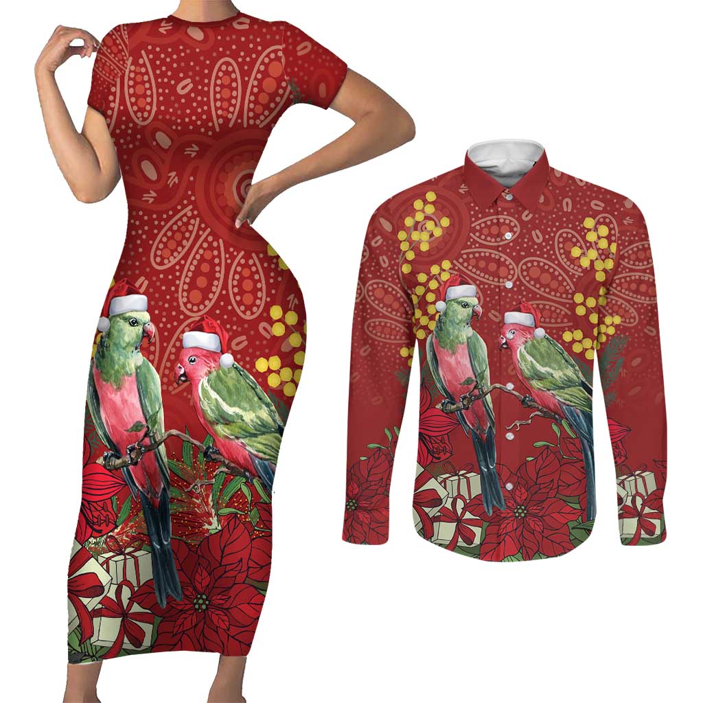 Merry Chrissie Australia King Parrots Couples Matching Short Sleeve Bodycon Dress and Long Sleeve Button Shirt Aboriginal Art - Aussie Hoodie