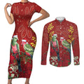 Merry Chrissie Australia King Parrots Couples Matching Short Sleeve Bodycon Dress and Long Sleeve Button Shirt Aboriginal Art - Aussie Hoodie