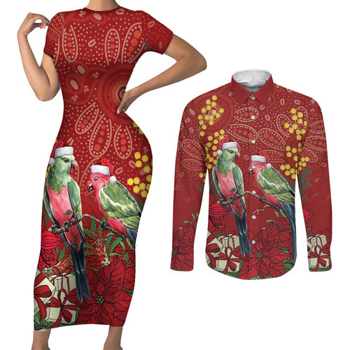Merry Chrissie Australia King Parrots Couples Matching Short Sleeve Bodycon Dress and Long Sleeve Button Shirt Aboriginal Art - Aussie Hoodie