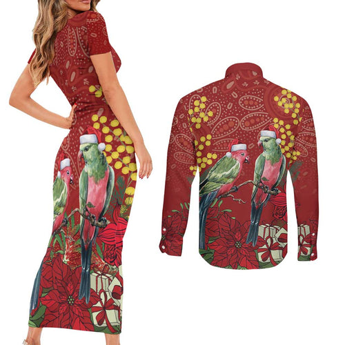Merry Chrissie Australia King Parrots Couples Matching Short Sleeve Bodycon Dress and Long Sleeve Button Shirt Aboriginal Art - Aussie Hoodie