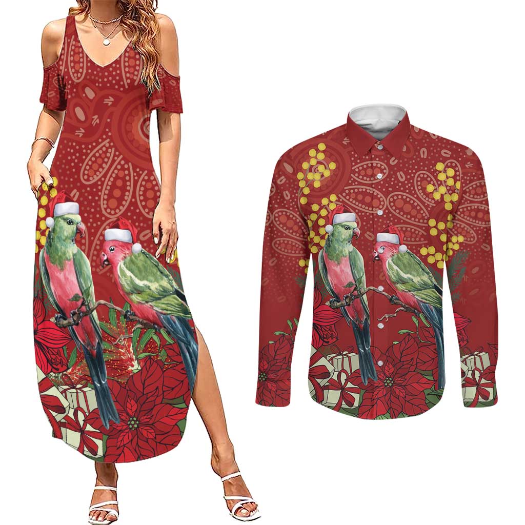 Merry Chrissie Australia King Parrots Couples Matching Summer Maxi Dress and Long Sleeve Button Shirt Aboriginal Art - Aussie Hoodie