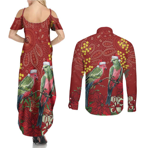 Merry Chrissie Australia King Parrots Couples Matching Summer Maxi Dress and Long Sleeve Button Shirt Aboriginal Art - Aussie Hoodie