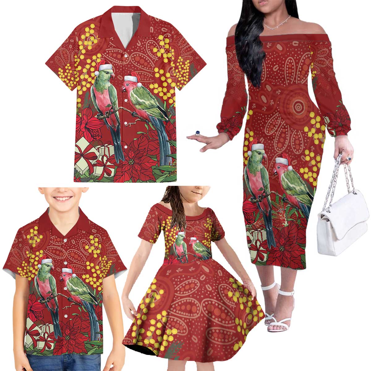 Merry Chrissie Australia King Parrots Family Matching Off The Shoulder Long Sleeve Dress and Hawaiian Shirt Aboriginal Art - Aussie Hoodie
