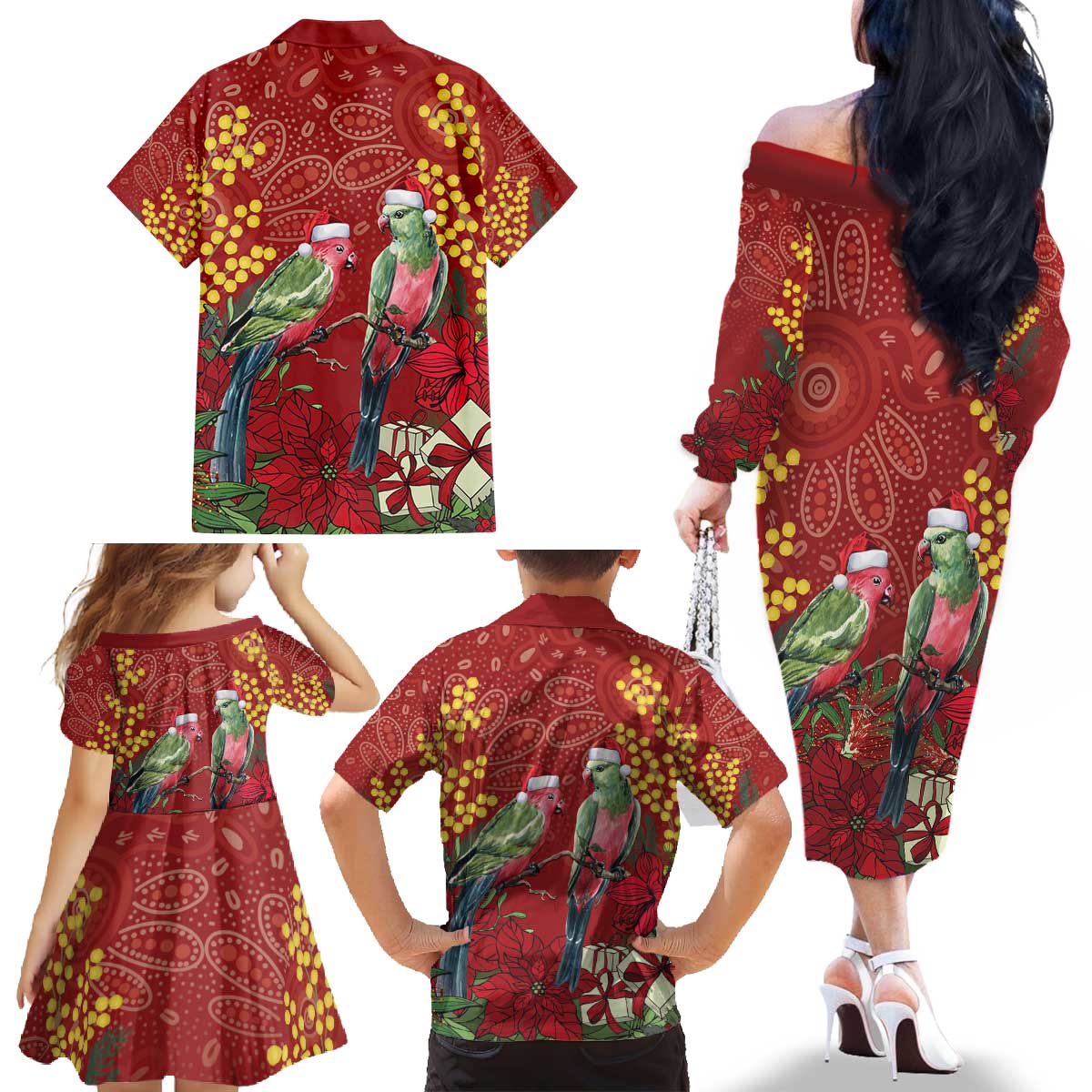 Merry Chrissie Australia King Parrots Family Matching Off The Shoulder Long Sleeve Dress and Hawaiian Shirt Aboriginal Art - Aussie Hoodie