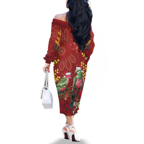 Merry Chrissie Australia King Parrots Family Matching Off The Shoulder Long Sleeve Dress and Hawaiian Shirt Aboriginal Art - Aussie Hoodie