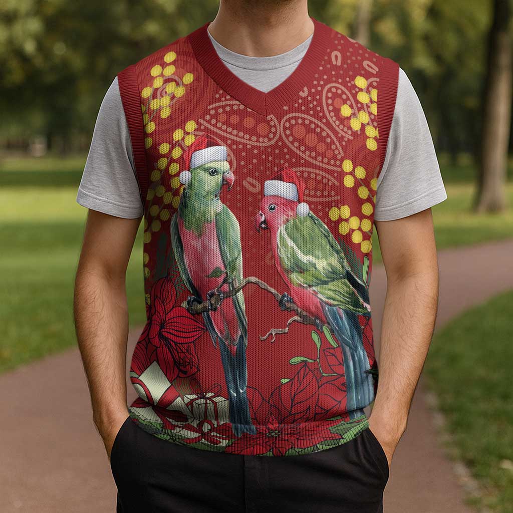 Merry Chrissie Australia King Parrots Christmas Knitted V-Neck Vest Aboriginal Art - Aussie Hoodie