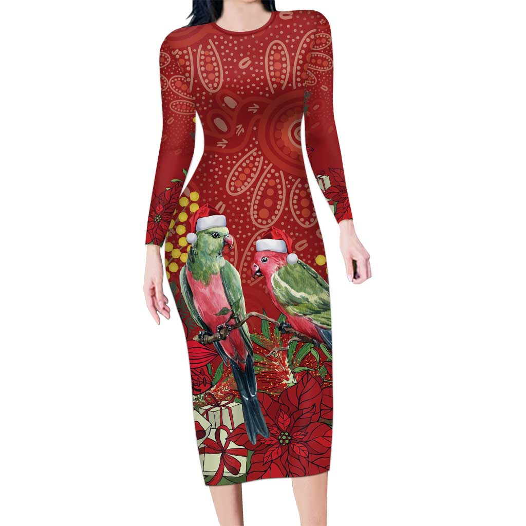 Merry Chrissie Australia King Parrots Long Sleeve Bodycon Dress Aboriginal Art - Aussie Hoodie
